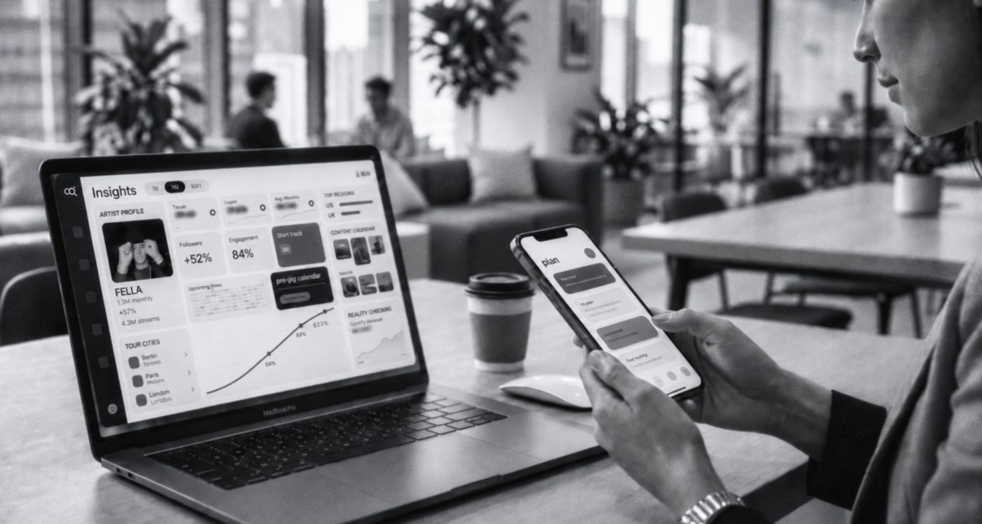 Laptop mit Insights-Dashboard und Handy mit Plan-App in einem Büro
